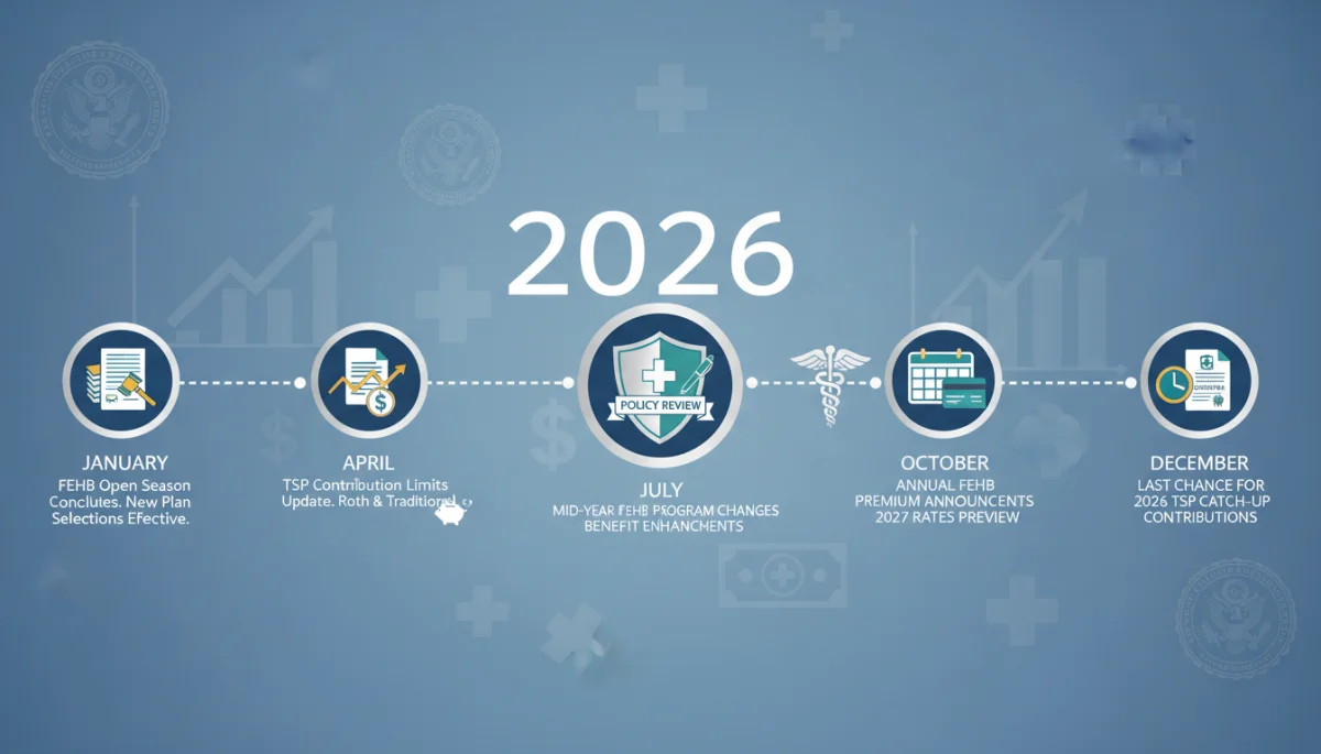 Timeline showing key updates to federal employee health and retirement benefits in 2026