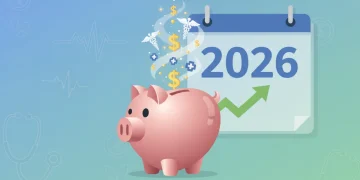 Heart-shaped piggy bank with dollar signs and medical symbols, calendar 2026, representing HSA optimization.
