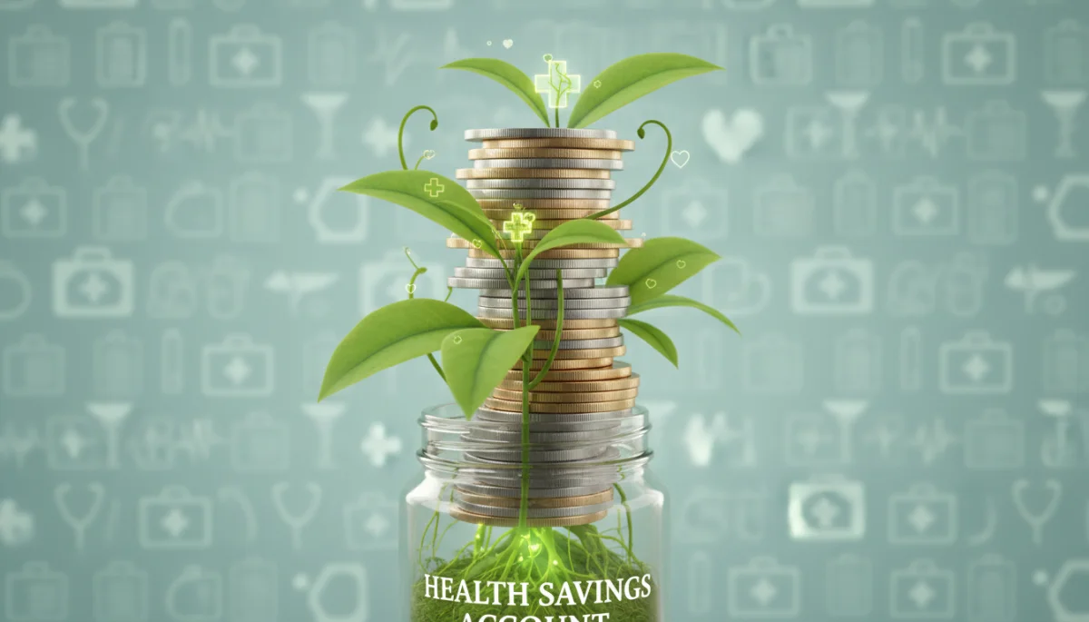 Stacked coins and growing plant symbolizing tax-free HSA growth and medical care.