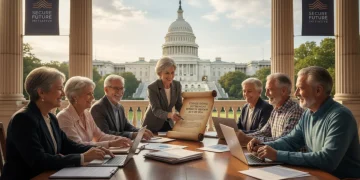 Older Americans reviewing retirement documents with US Capitol backdrop